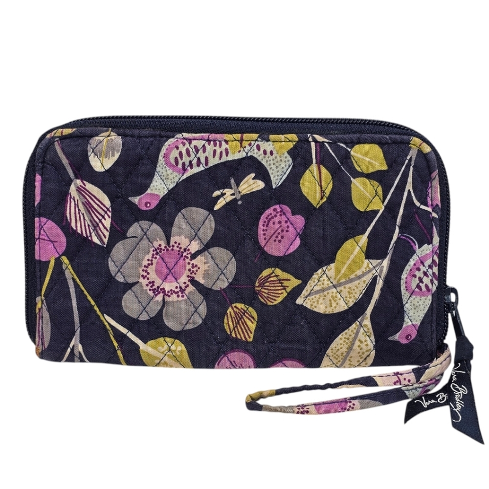 Vera Bradley Zip Around Wallet in Floral Nightingale, Wristlet, Navy, 8"×5", EUC